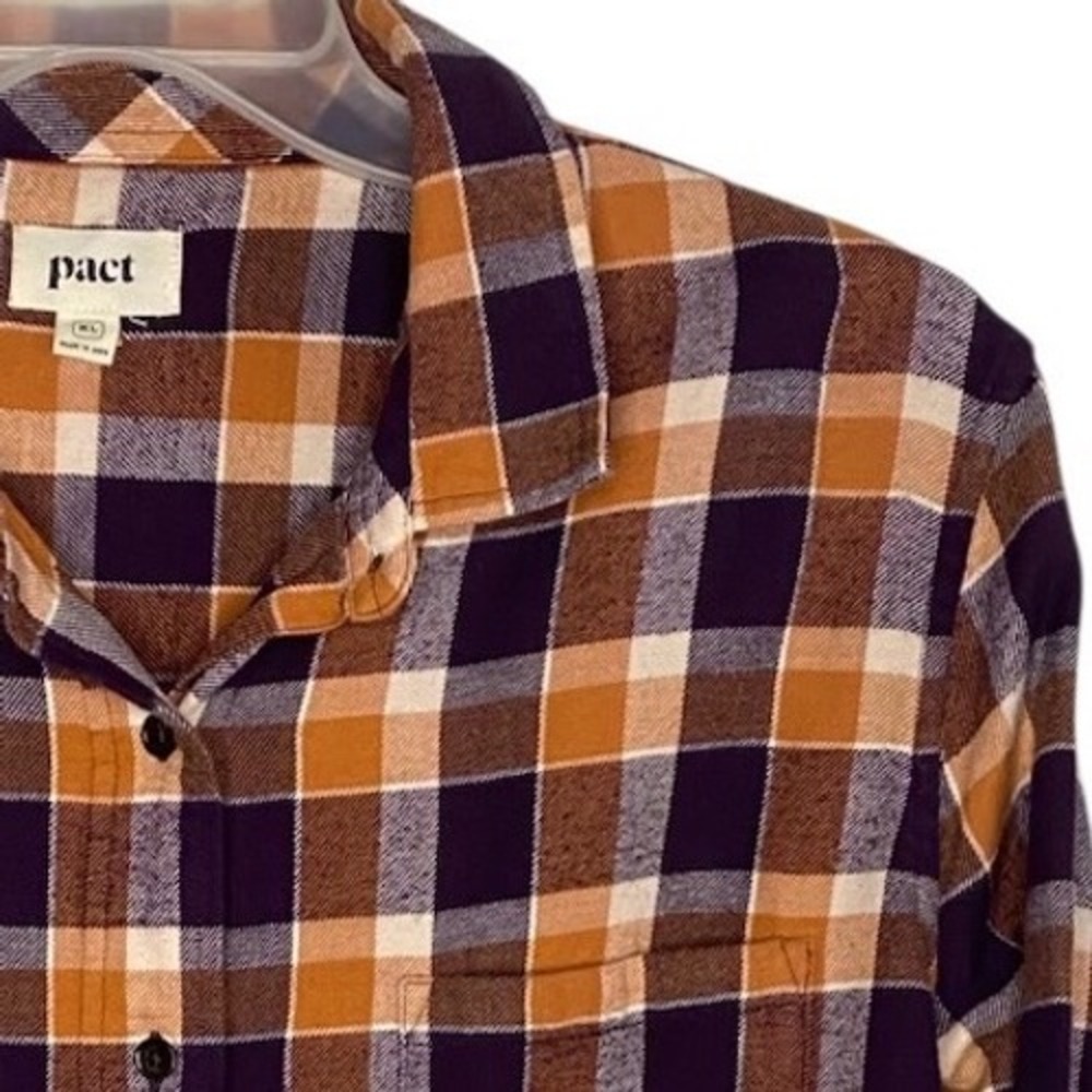 Pact Womens XL Organic Cotton Flannel Plaid Button Down Shirt Purple Orange - Picture 5 of 6